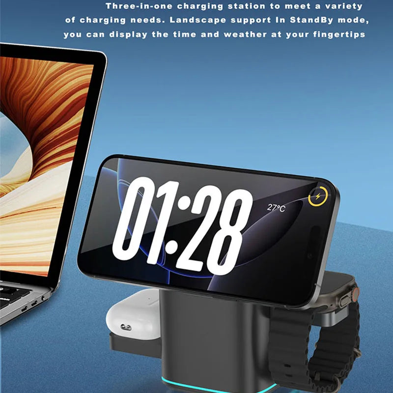 New Magnetic 3 in 1 15W Fast Charger Stand for iPhone 16 15 14 13 S24 Ultra/S25 Wireless Charger