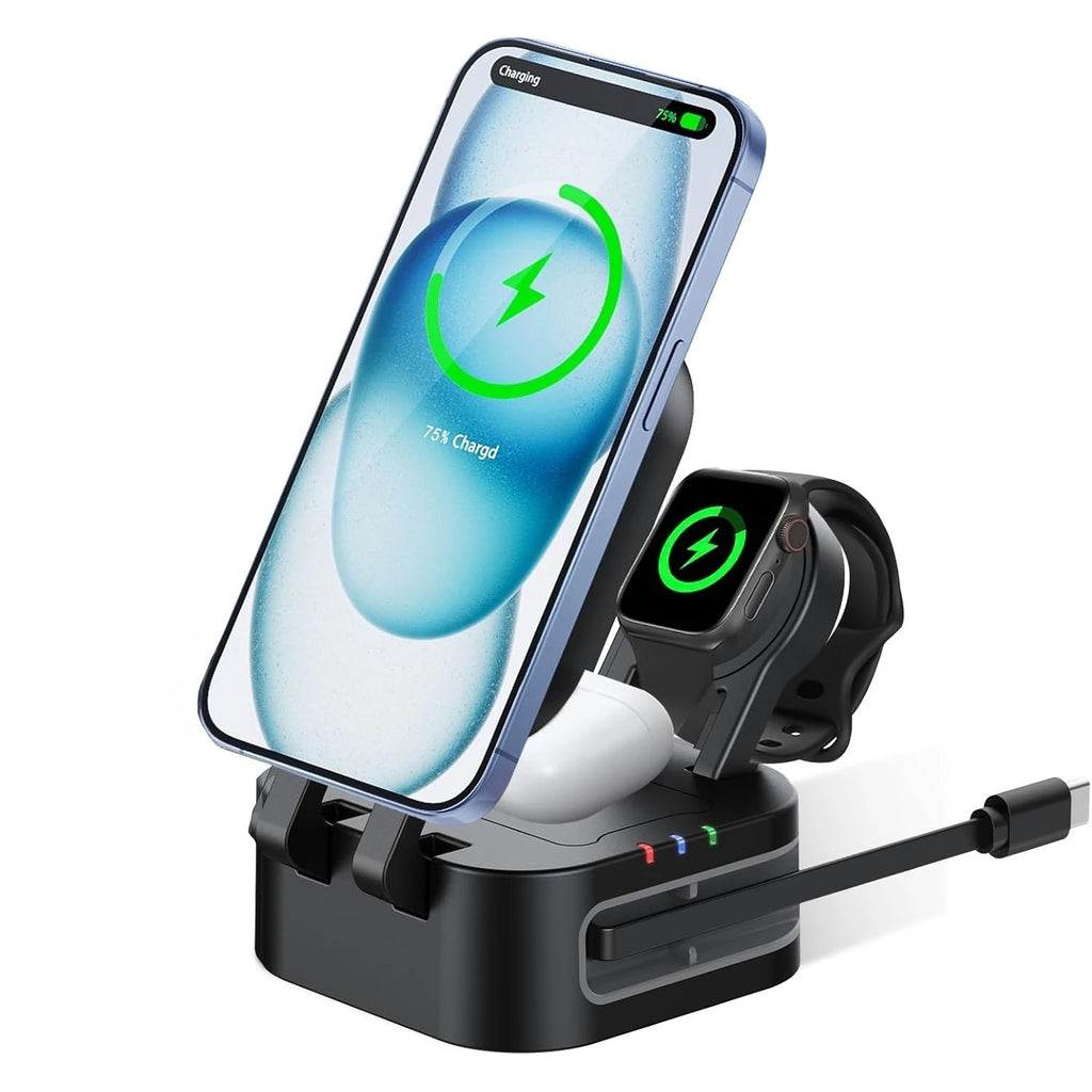 4-in-1 Magnetic Wireless Charger Built-in Retractable Cable Compatible with iPhone iWatch