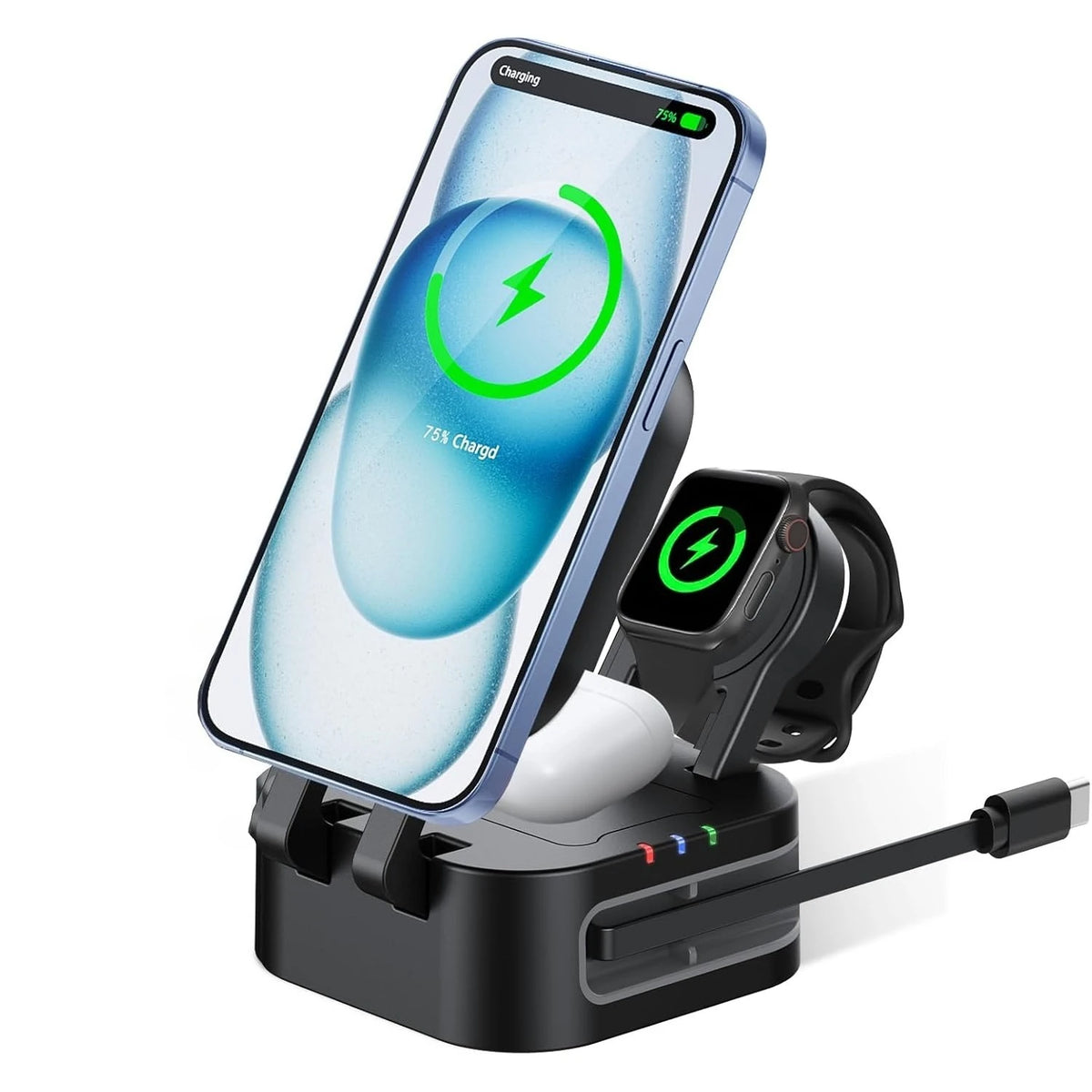 4-in-1 Magnetic Wireless Charger Built-in Retractable Cable Compatible with iPhone iWatch