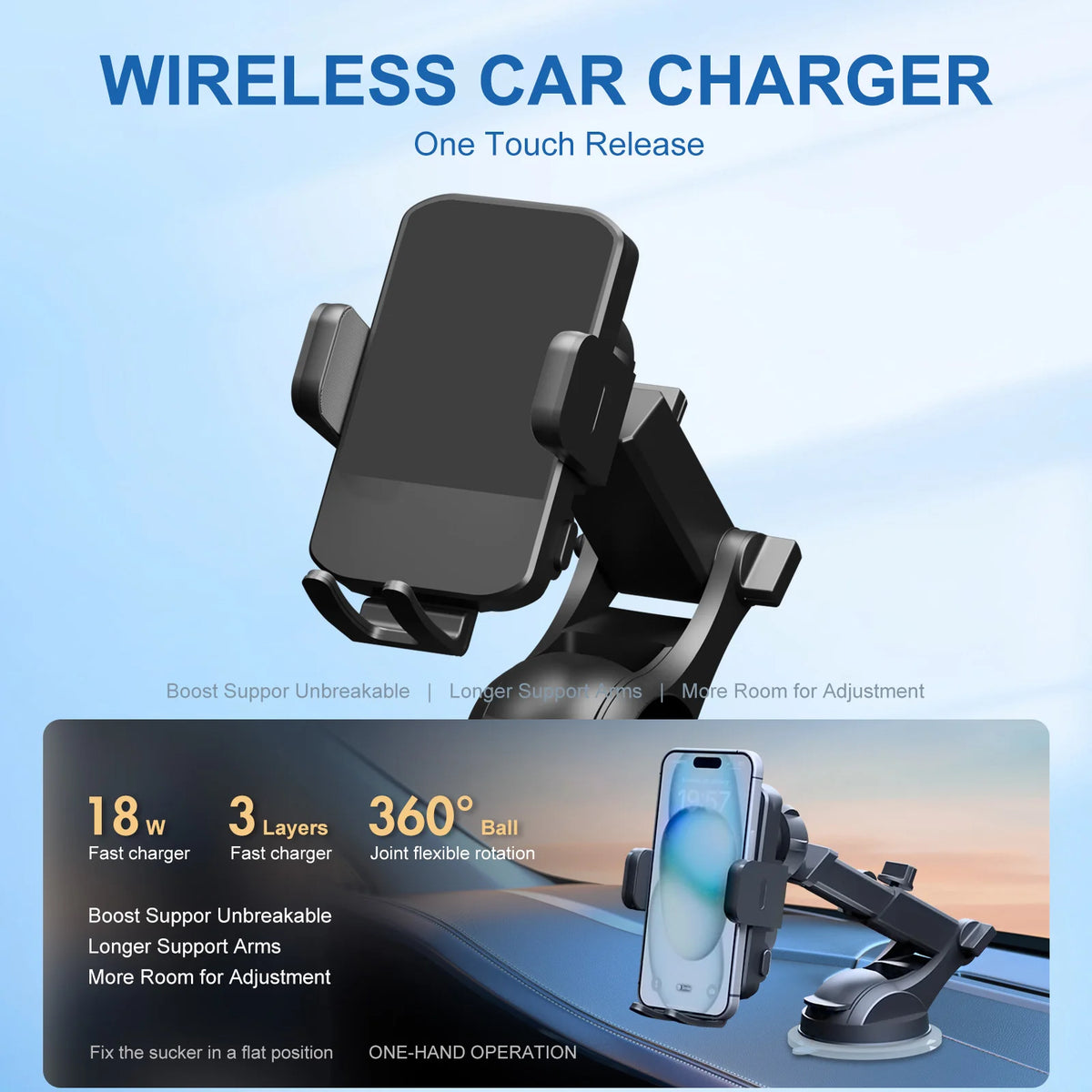 Magnetic Wireless Clamping Car Charger Phone Holder Dashboard