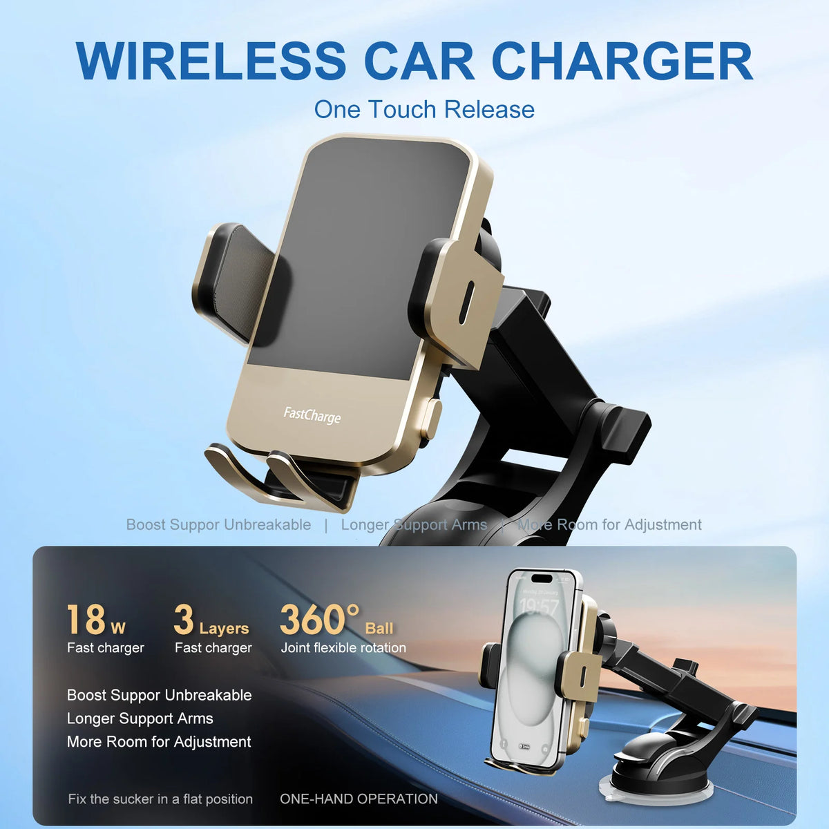 Magnetic Wireless Clamping Car Charger Phone Holder Dashboard