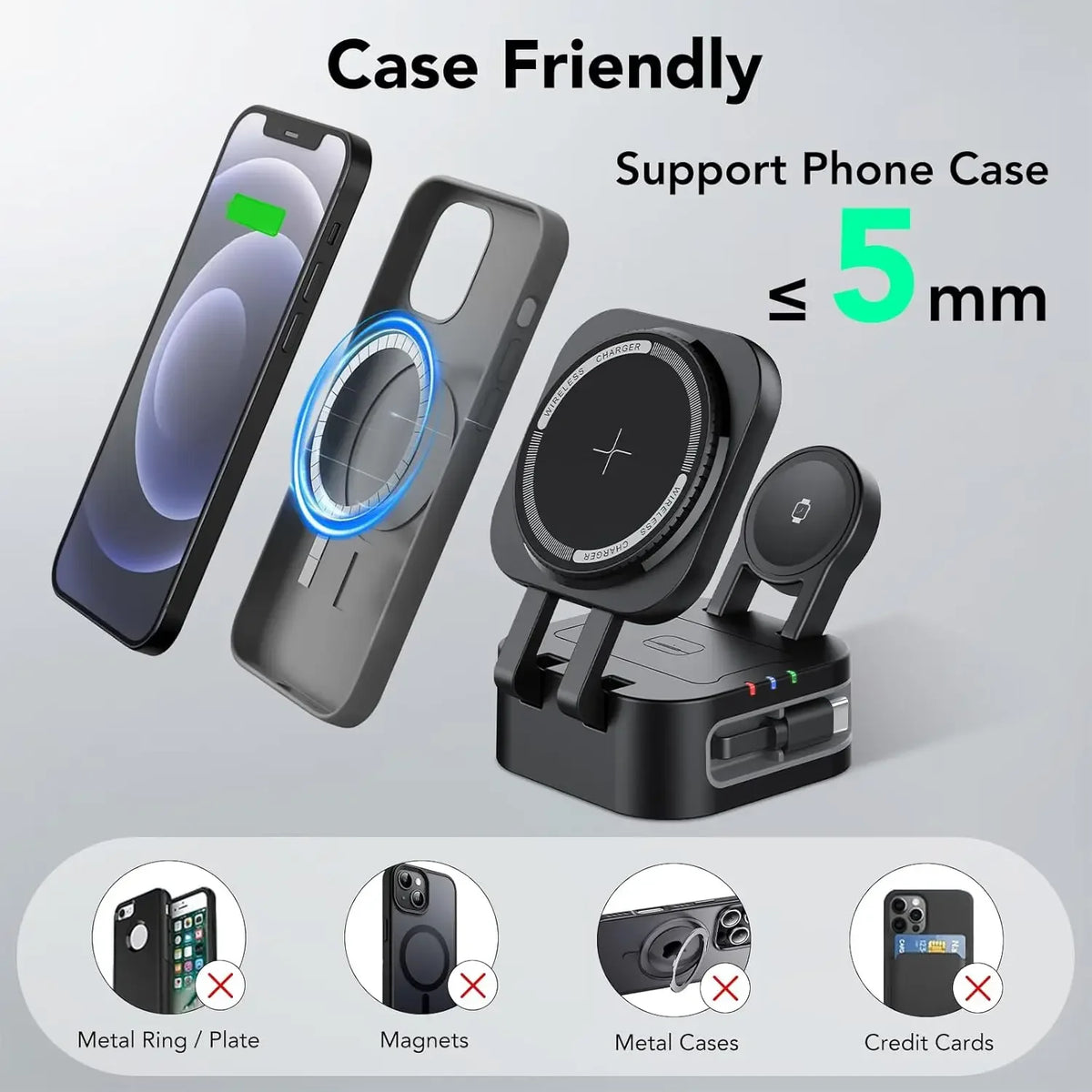 4-in-1 Magnetic Wireless Charger Built-in Retractable Cable Compatible with iPhone iWatch